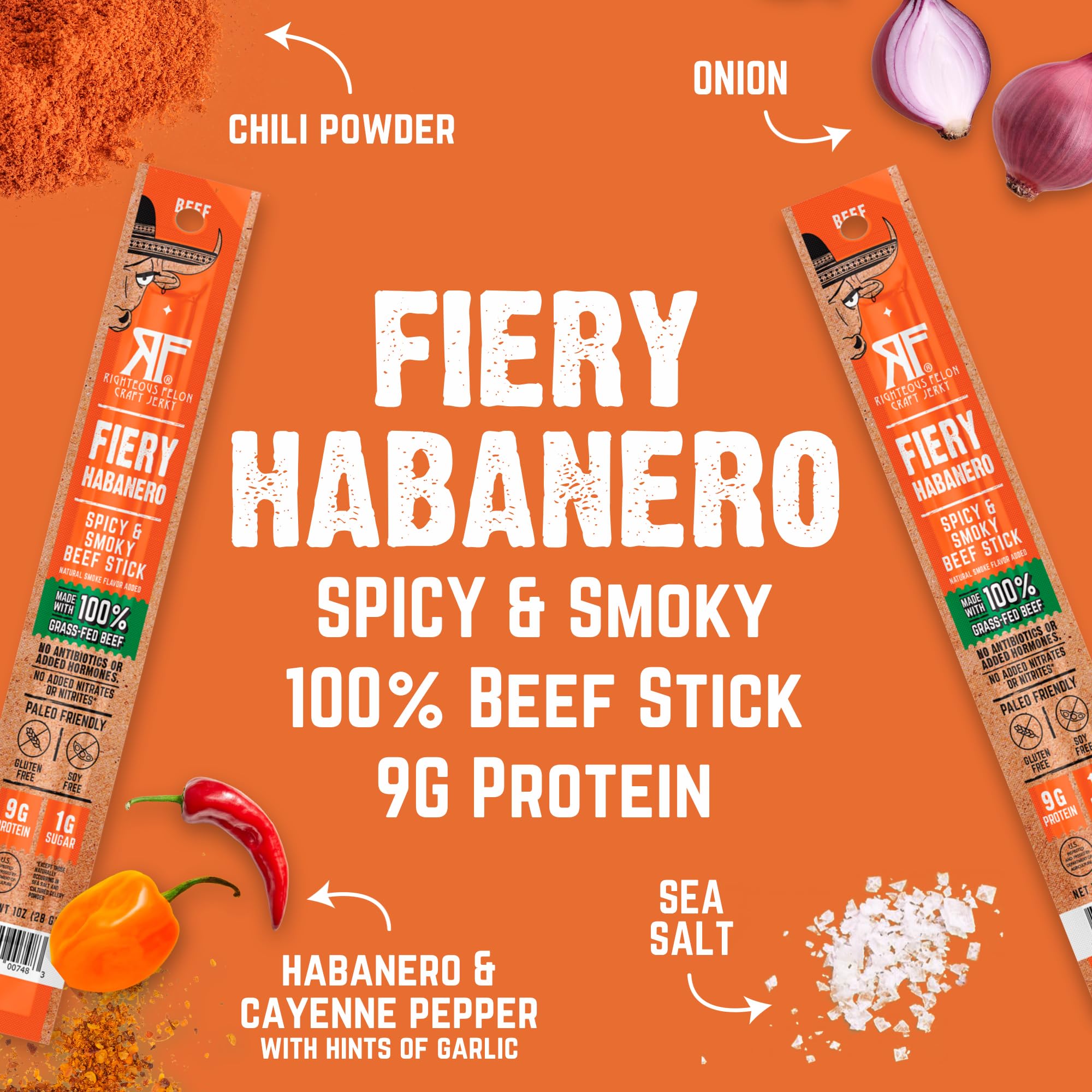 Righteous Felon single fiery habanero stick close-up highlighting spicy seasoning and convenience