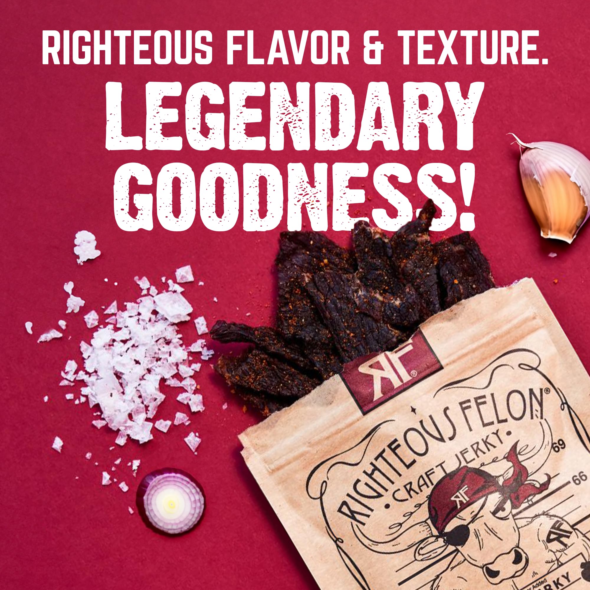 Righteous Felon open box displaying all eight beef stick flavors for tasting