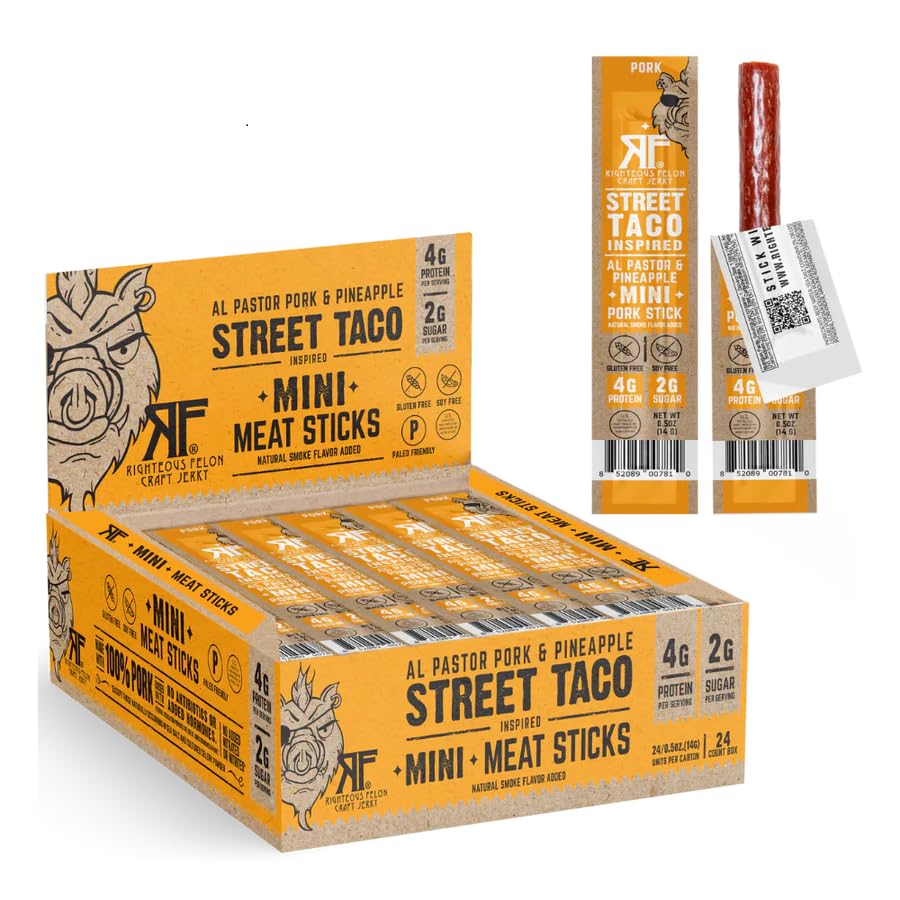 Righteous Felon front packaging showing 24-count Street Taco sticks and convenience