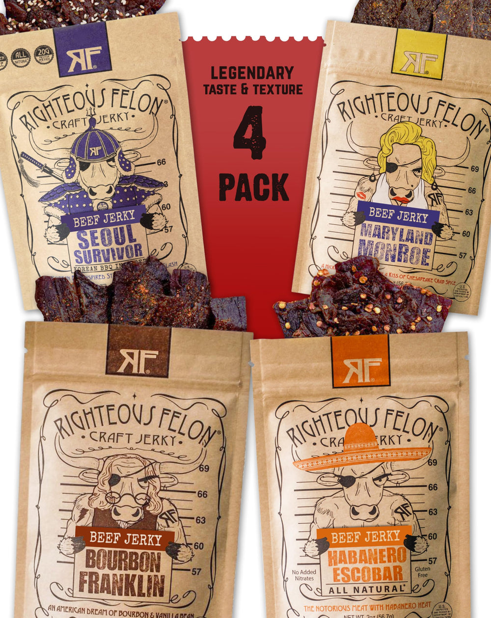 Righteous Felon front packaging showing four spicy jerky flavors and convenience