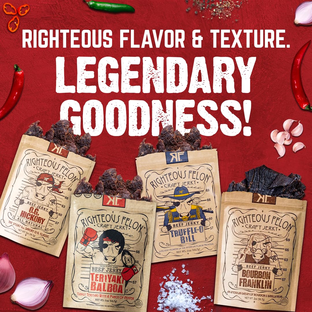 Righteous Felon close-up jerky texture highlighting tender, chewy benefit