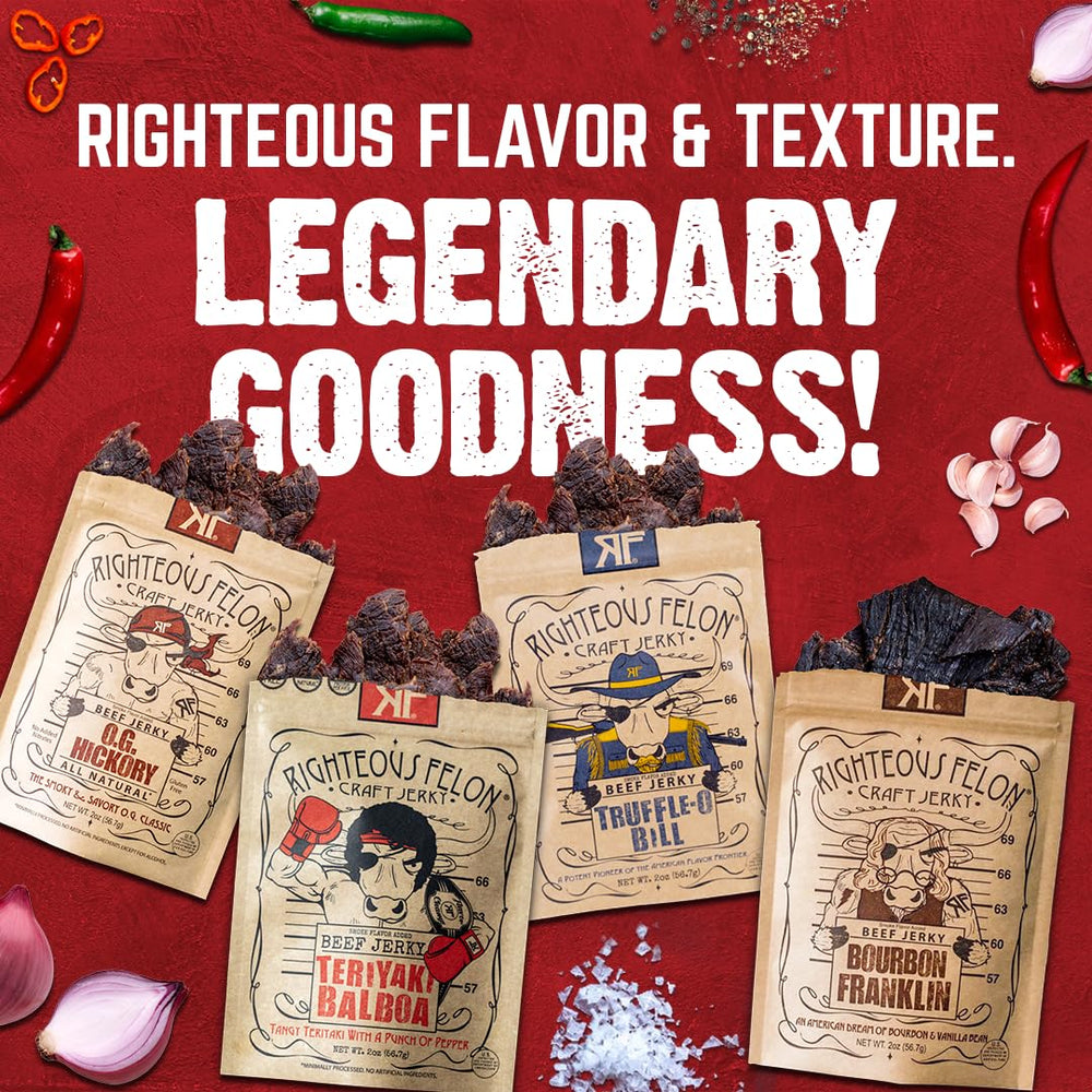 Righteous Felon close-up jerky texture highlighting tender, chewy benefit