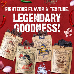 Righteous Felon close-up jerky texture highlighting tender, chewy benefit