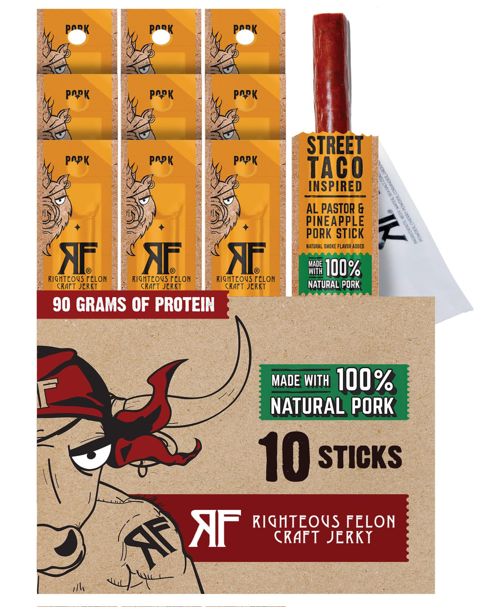 Righteous Felon front packaging showing flavorful street taco pork sticks benefits