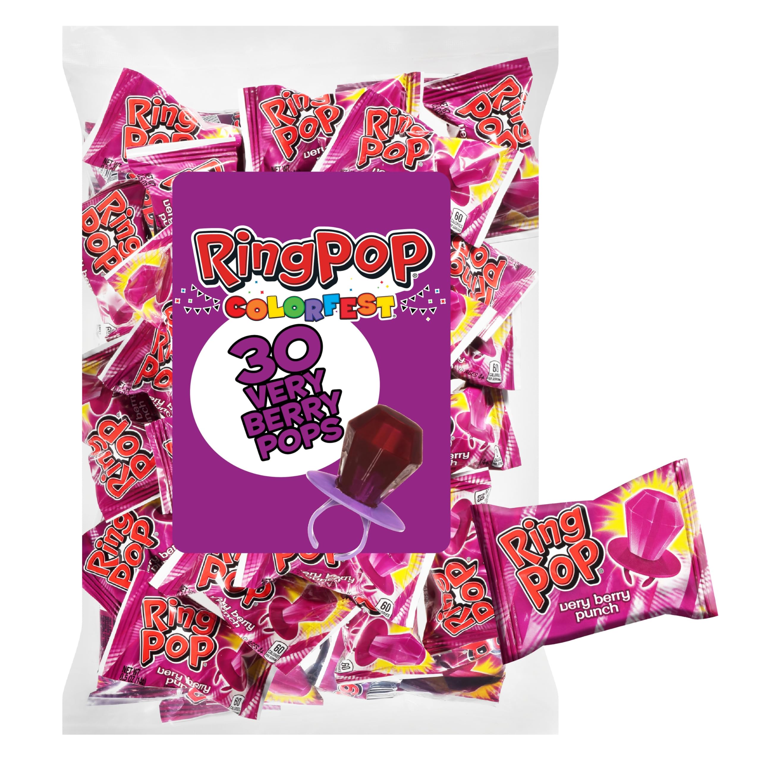 Ring Pop front packaging showing 30-count purple bag and party-ready supply