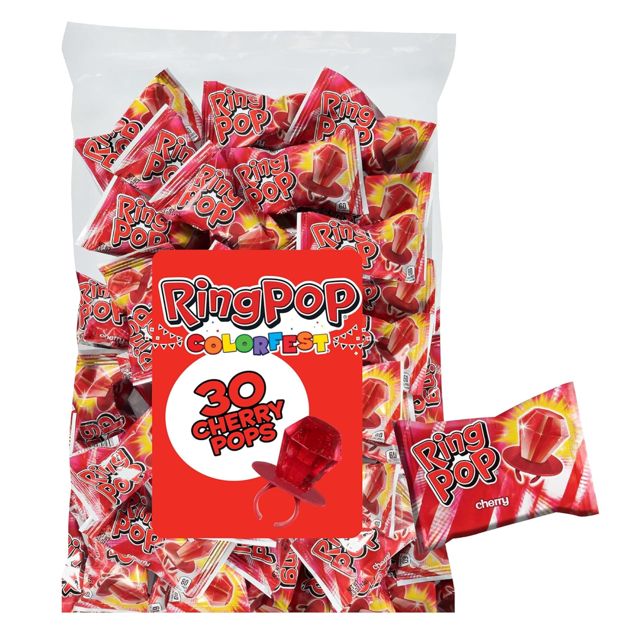 Ring Pop front packaging showing 30-count red cherry bags and bulk convenience