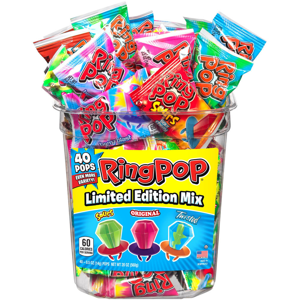 Ring Pop front packaging showing 40-count bag and variety — brand freshness