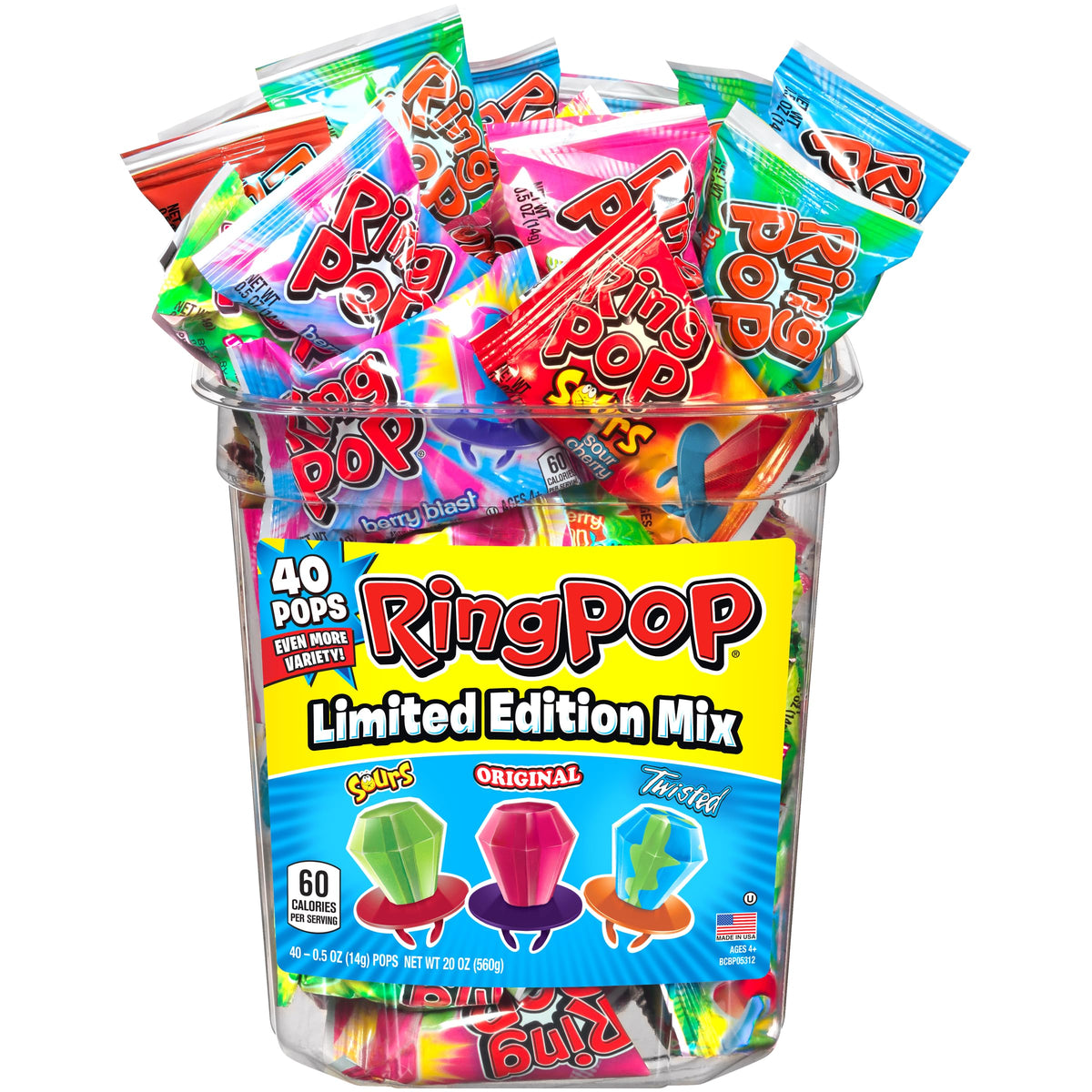 Ring Pop front packaging showing 40-count bag and variety — brand freshness