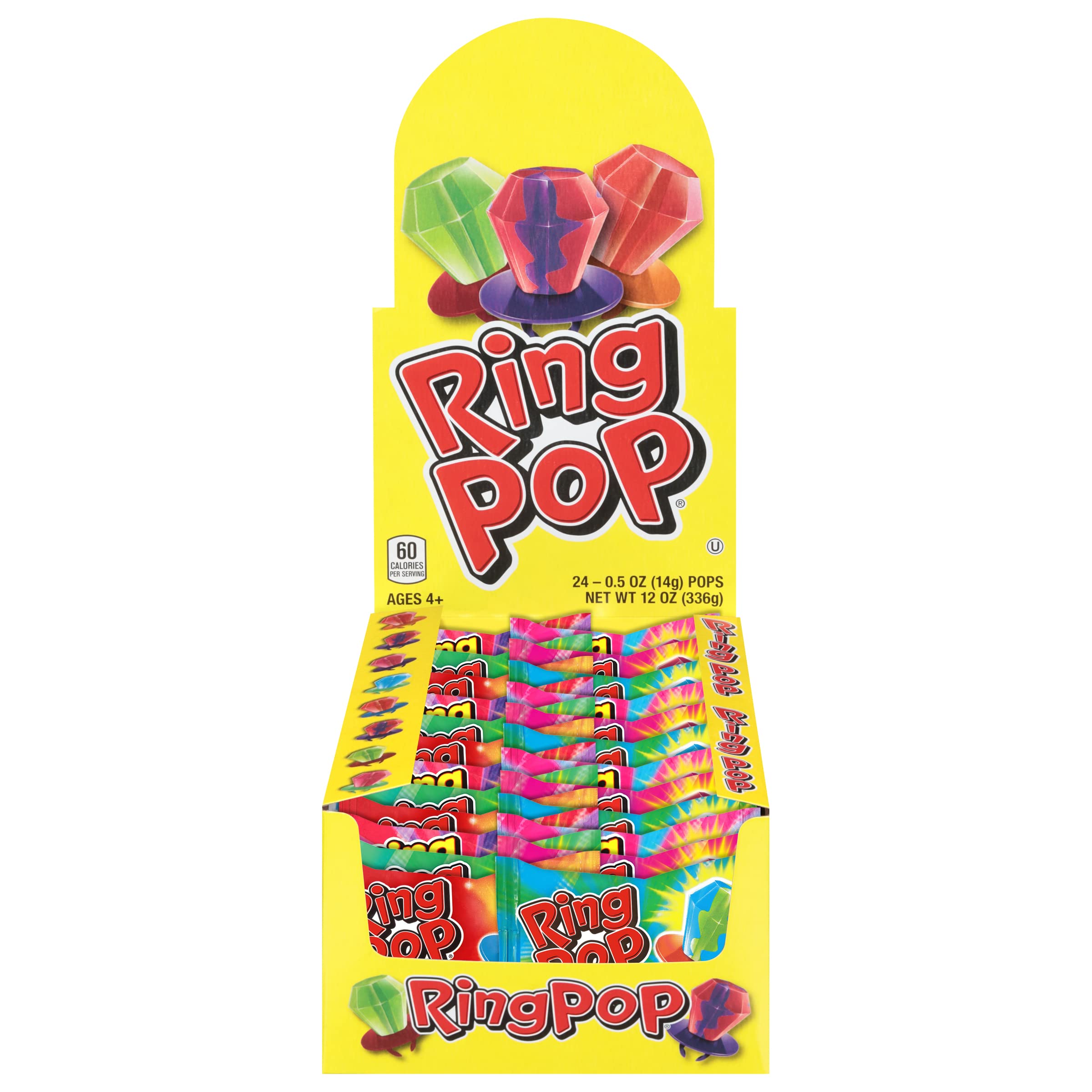 Ring Pop front packaging showing 24-count variety pack and bright colors, brand fun