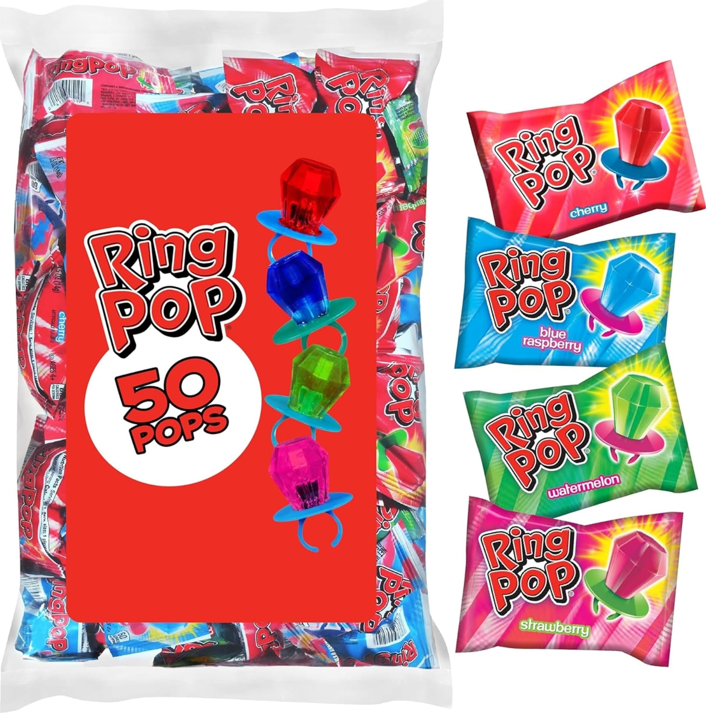 Ring Pop front packaging showing 50-count bulk bag and colorful gems