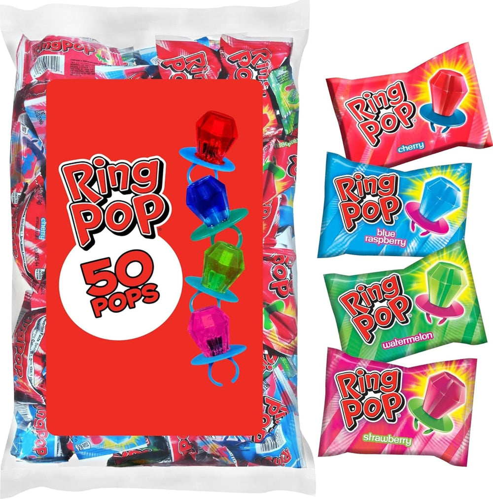 Ring Pop front packaging showing 50-count bulk bag and colorful gems