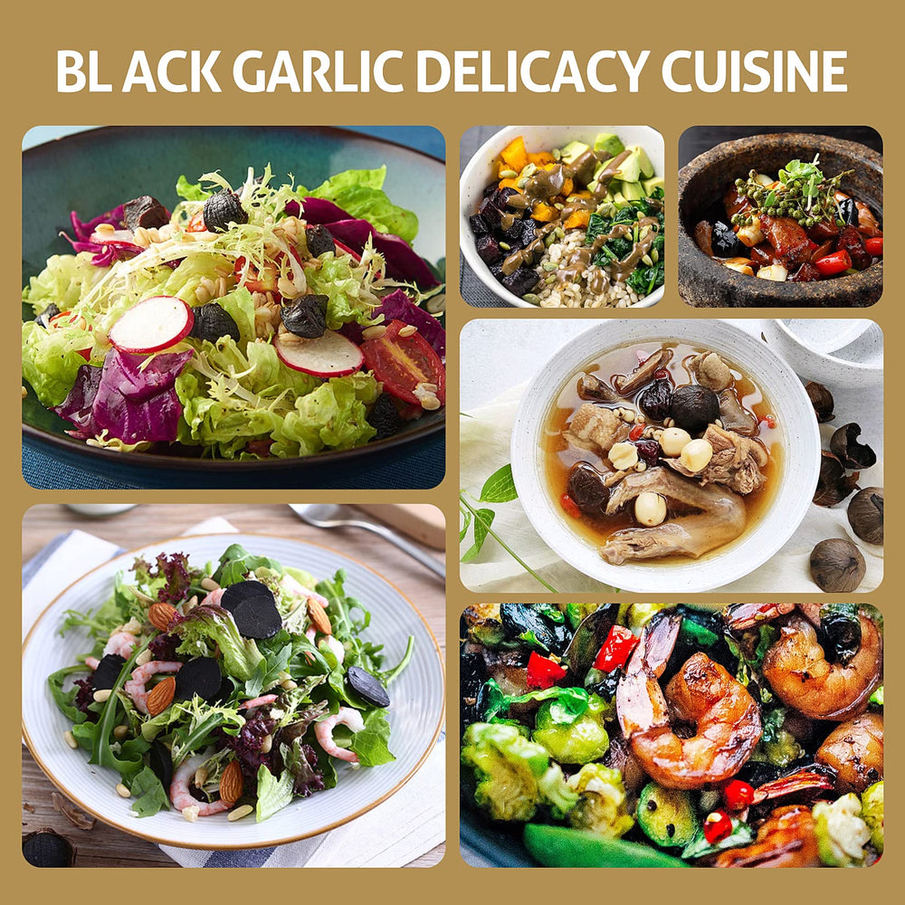 RioRand black garlic displayed in kitchen with bread and salad, inspires recipe ideas