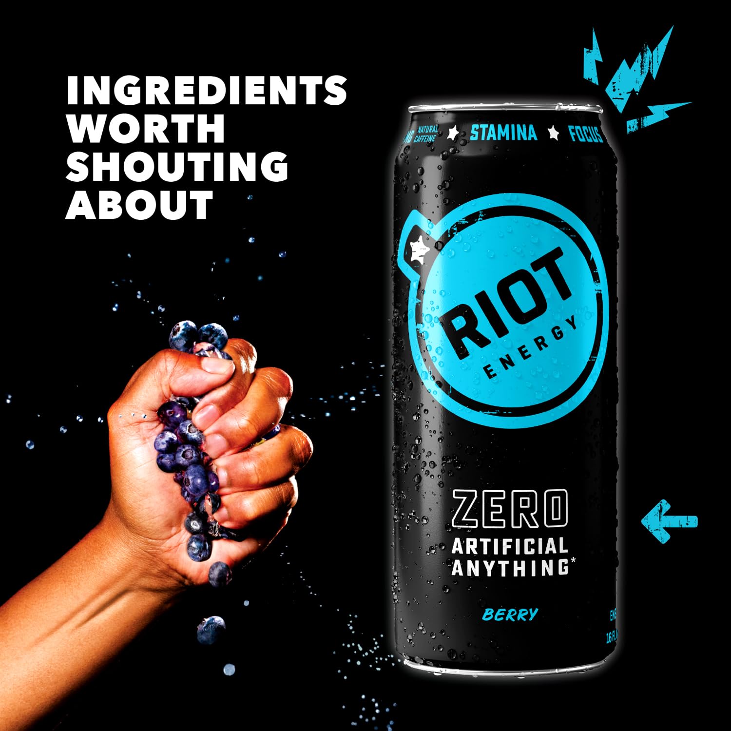 RIOT Energy closeup of can logo emphasizing natural ingredients benefit