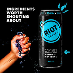 RIOT Energy closeup of can logo emphasizing natural ingredients benefit