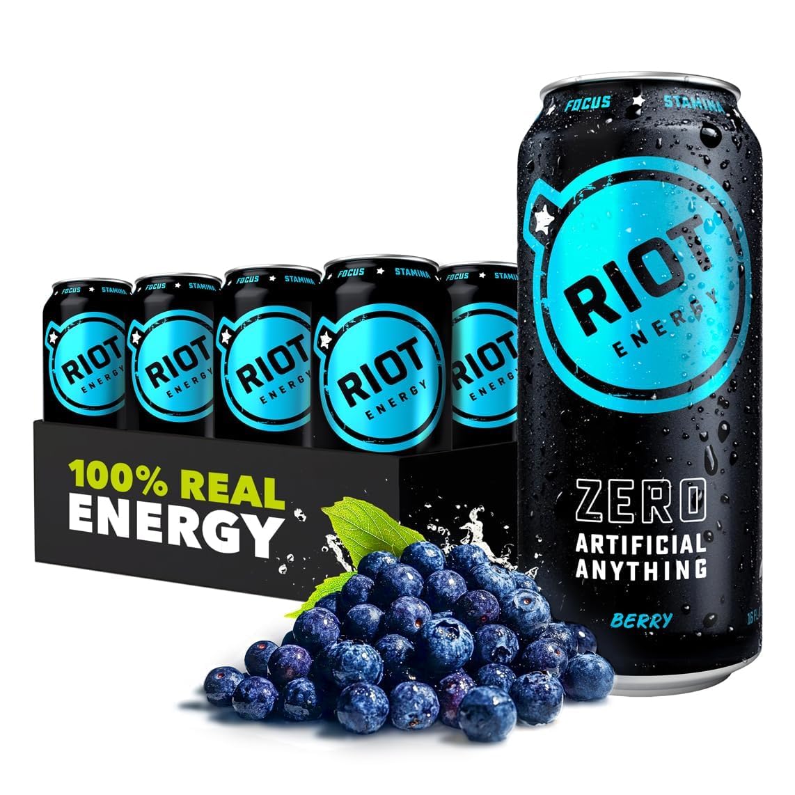 RIOT Energy front can showing berry design and benefit of clean caffeine
