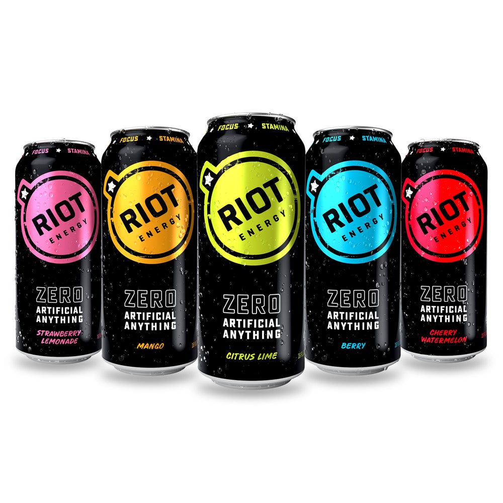 RIOT Energy front packaging showing 16 fl oz can and variety pack benefits