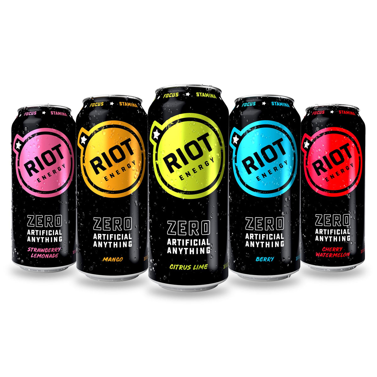 RIOT Energy front packaging showing 16 fl oz can and variety pack benefits
