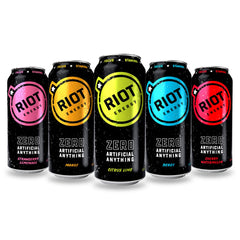 RIOT Energy front packaging showing 16 fl oz can and variety pack benefits