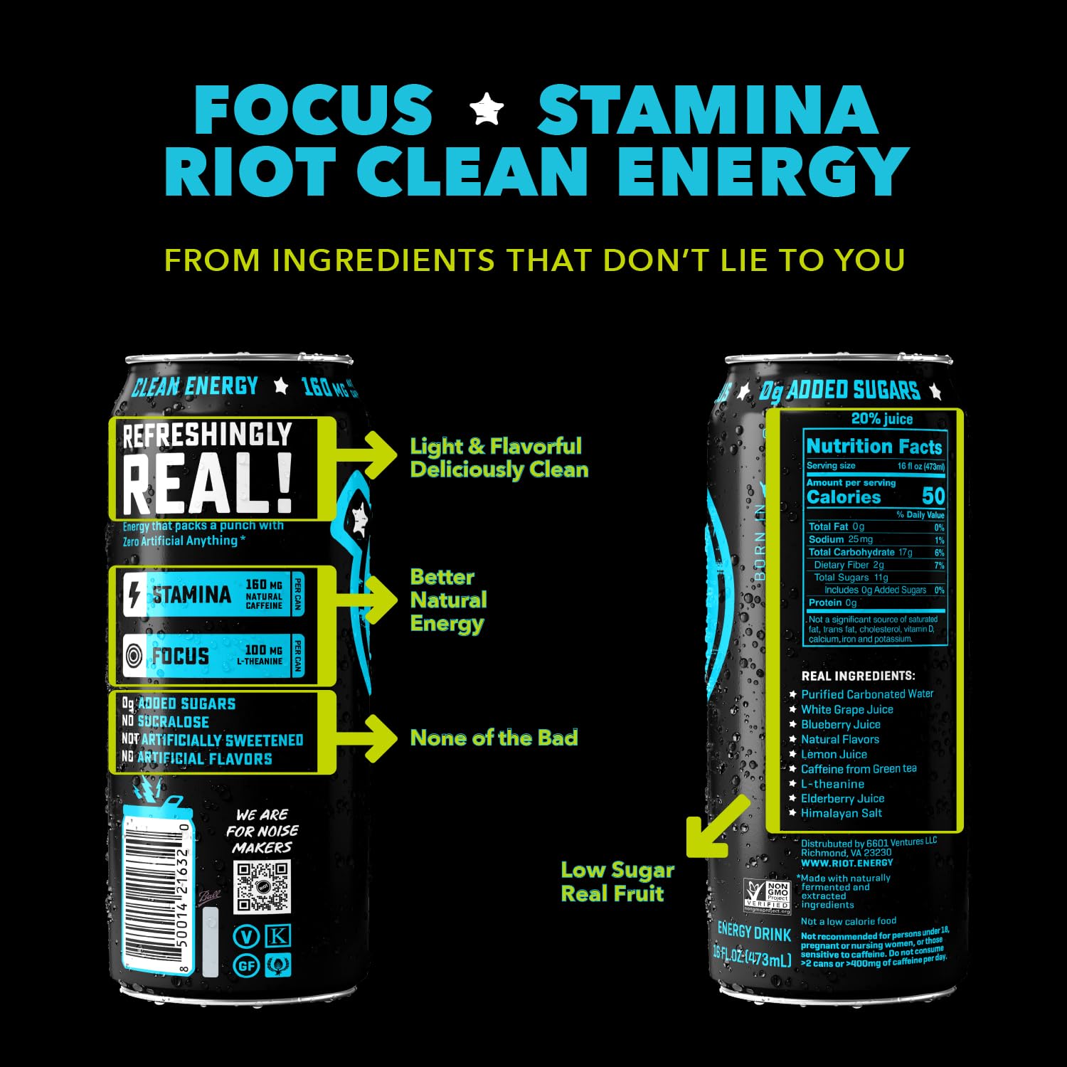 RIOT Energy ingredient panel displaying real‑ingredient transparency benefit