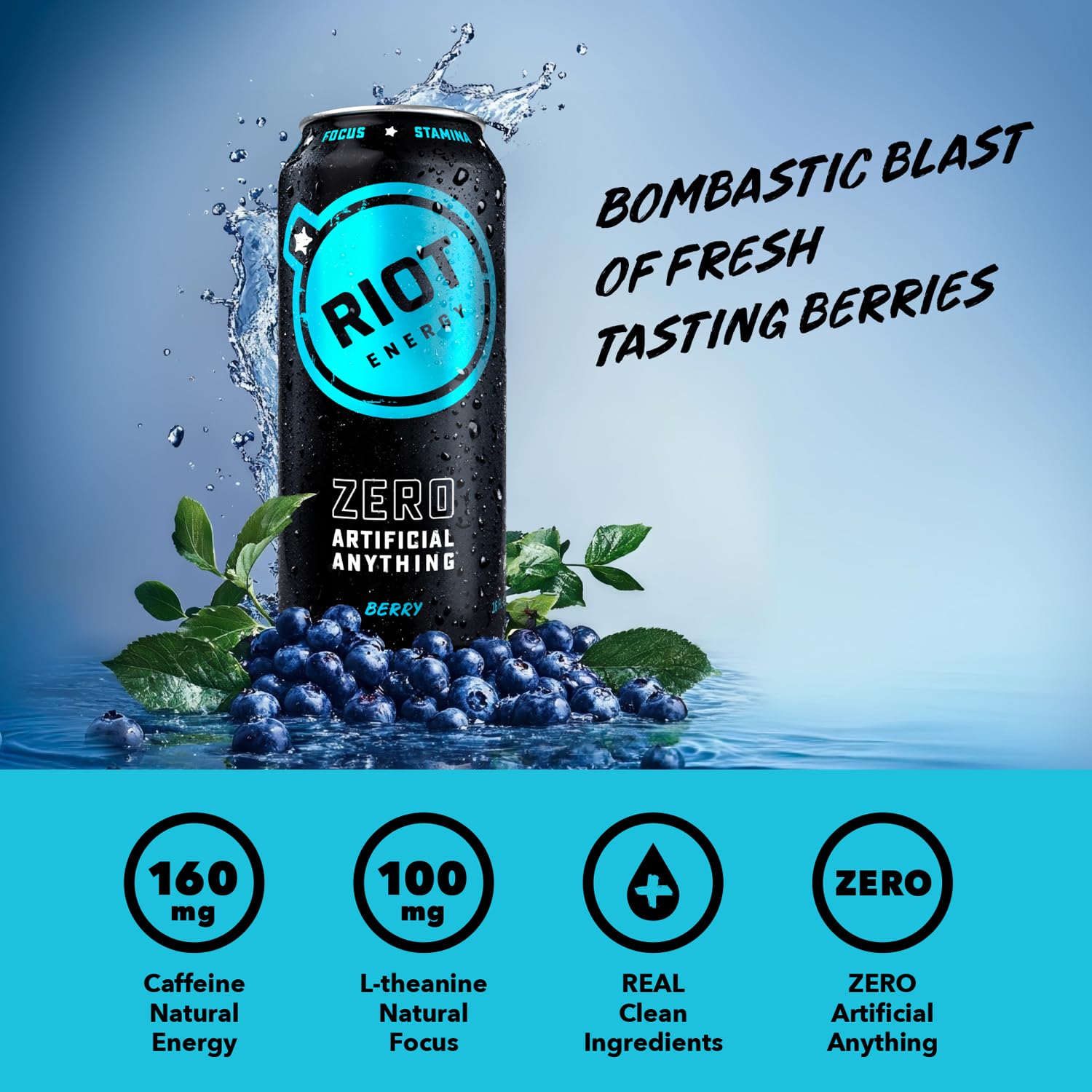 RIOT Energy poured into a glass showing refreshing berry color and clarity