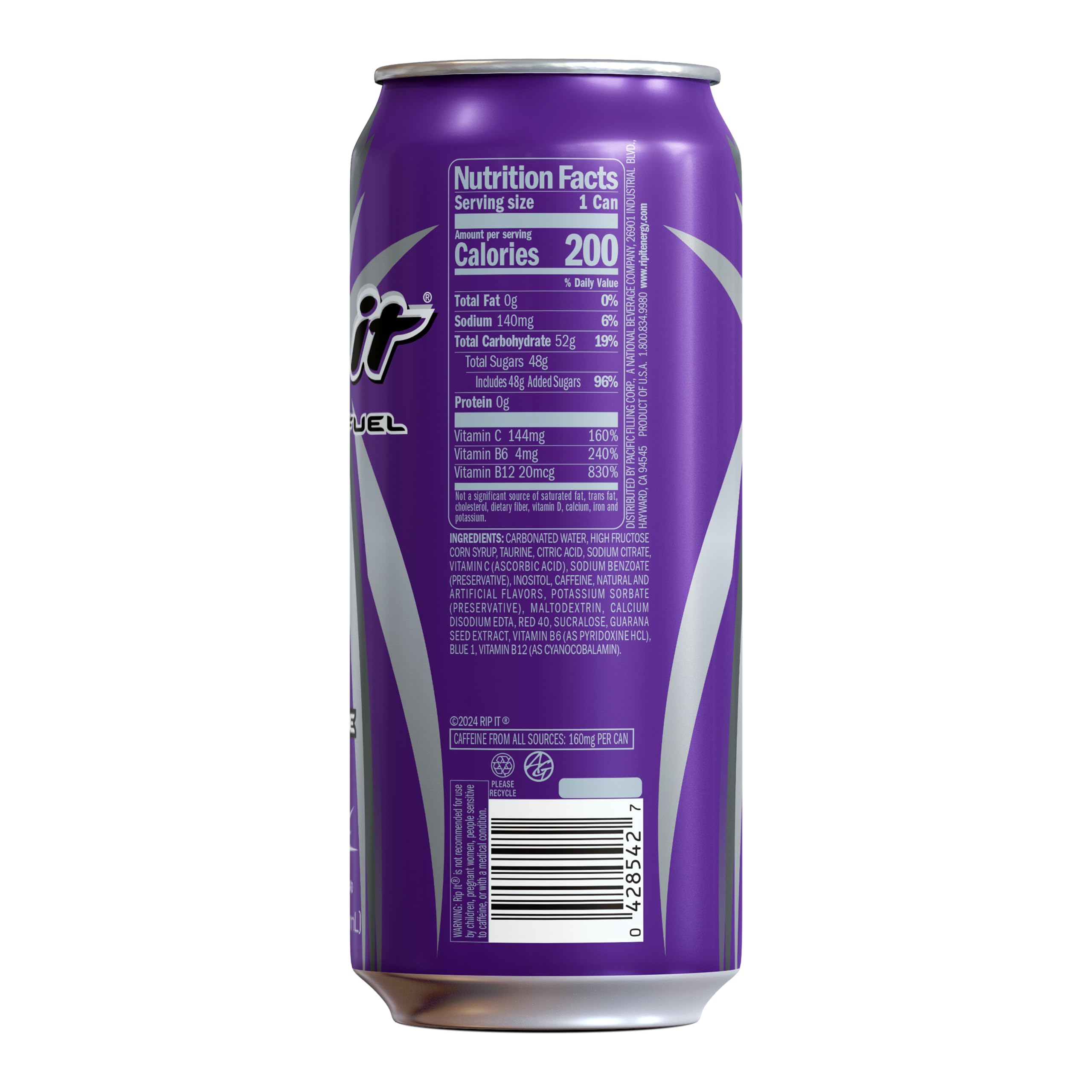 Rip It G-Force open can mid-pour displaying vibrant grape color and smooth carbonation