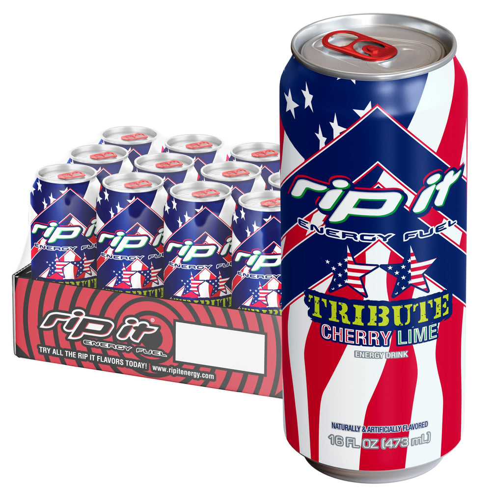 Rip It Tribute Cherry Lime front packaging showing twelve 16oz cans and bold branding for confident stocking