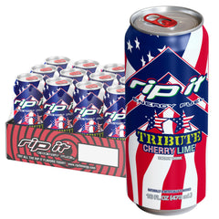 Rip It Tribute Cherry Lime front packaging showing twelve 16oz cans and bold branding for confident stocking
