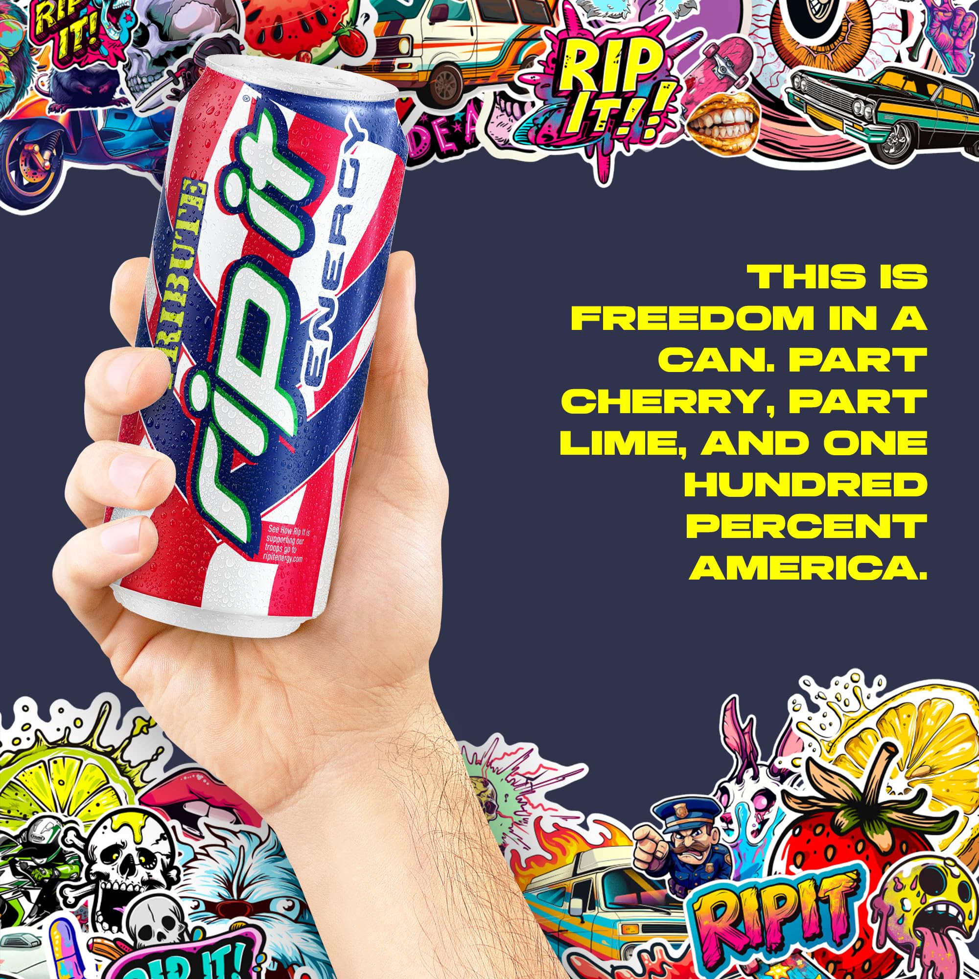 Rip It Tribute Cherry Lime can held in hand for scale showing 16oz size suitable for extended energy needs