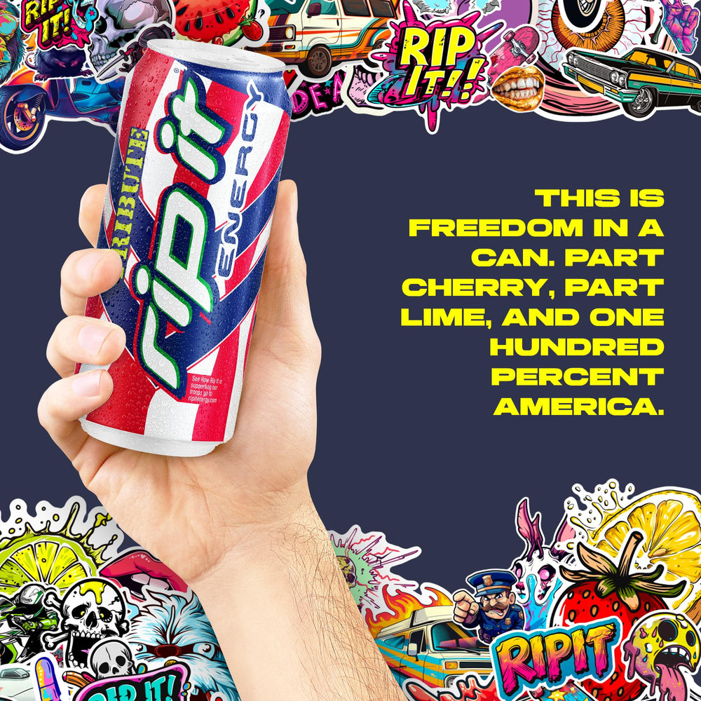 Rip It Tribute Cherry Lime can held in hand for scale showing 16oz size suitable for extended energy needs