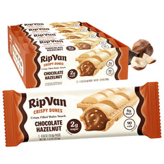 Rip Van Wafels front packaging showing vegan hazelnut sticks and convenience benefit