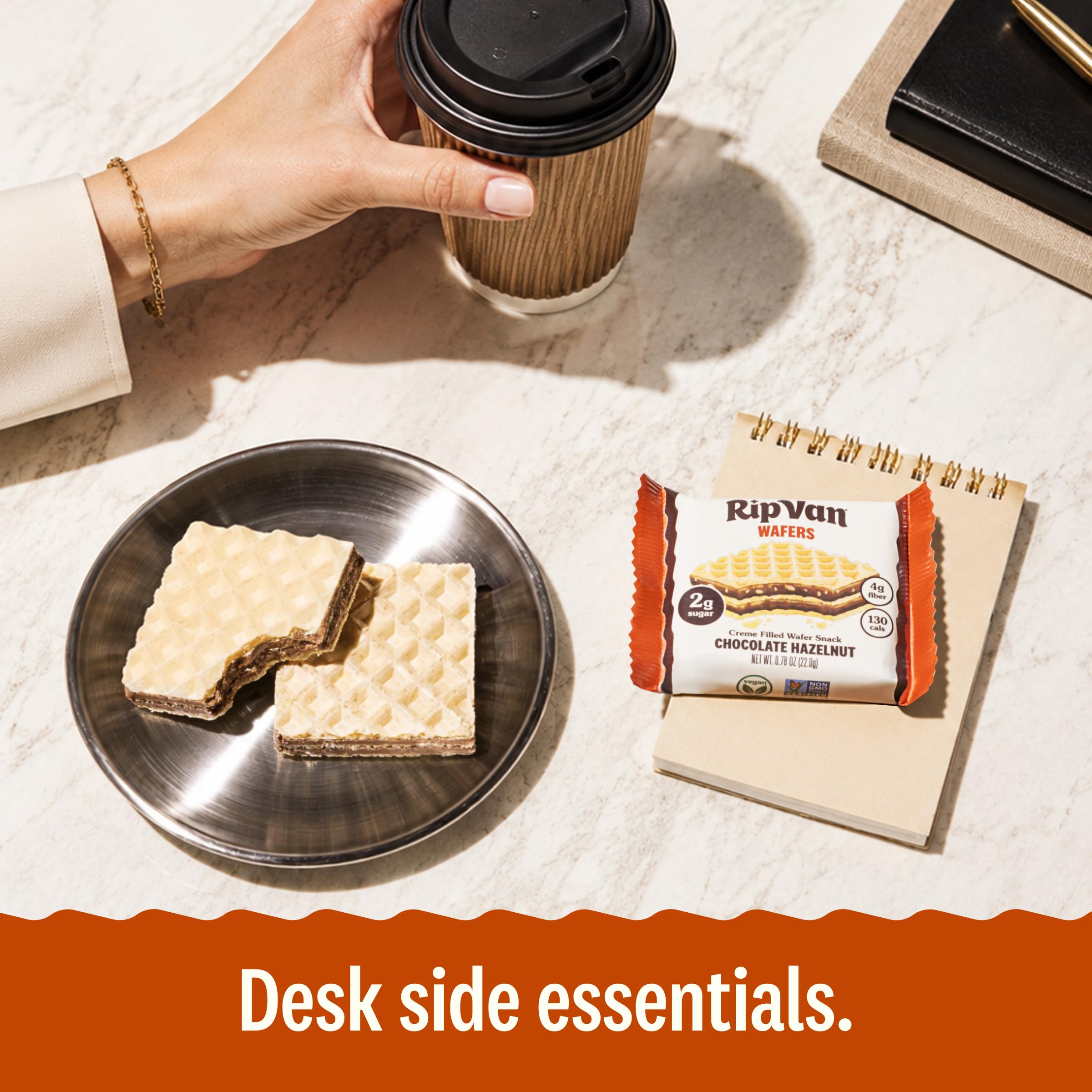 Rip Van wafer in hand showing portion size and convenient snack benefit