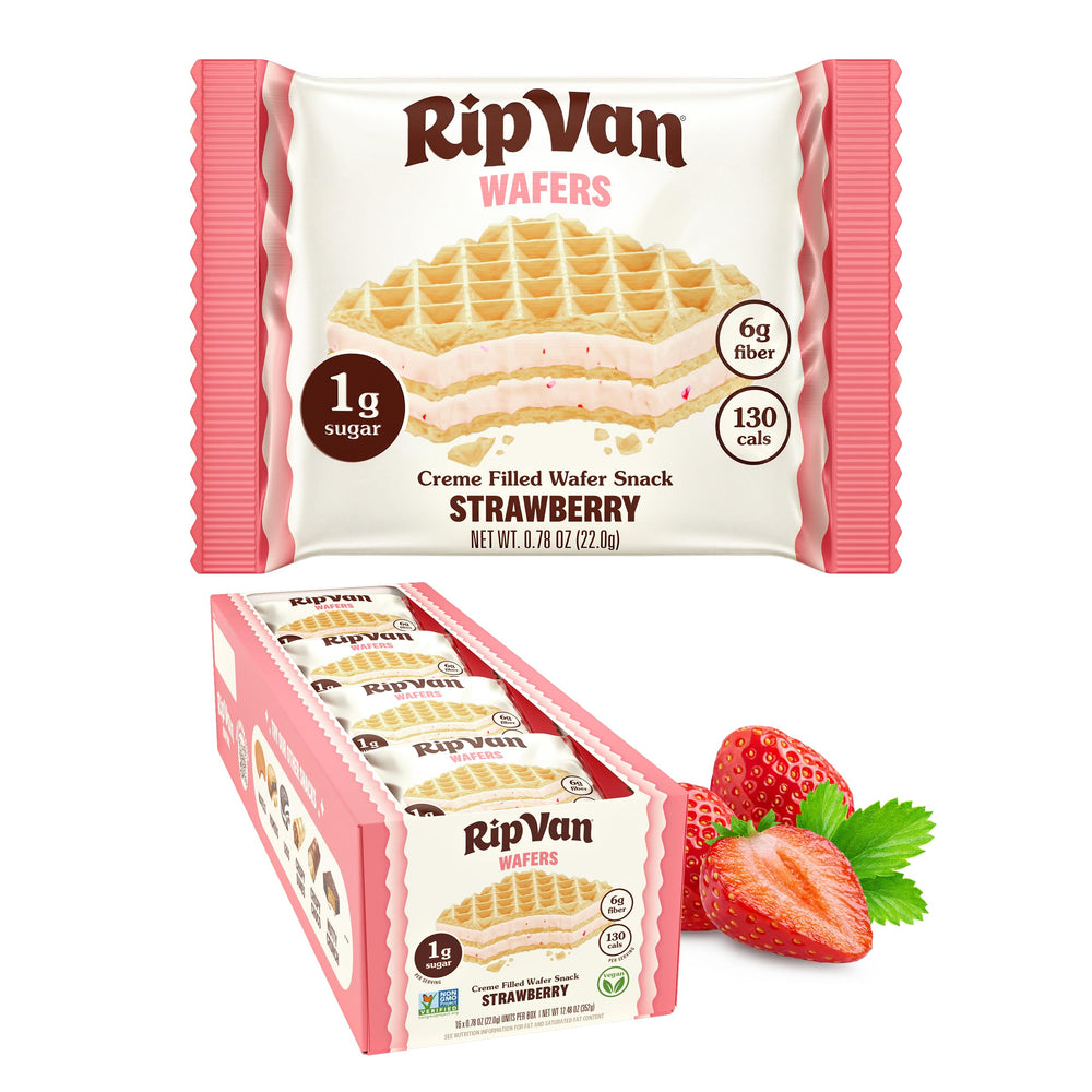 Rip Van Wafels front packaging showing low-sugar benefit