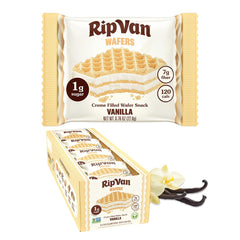 Rip Van Wafels front packaging showing 16-count and low sugar benefit