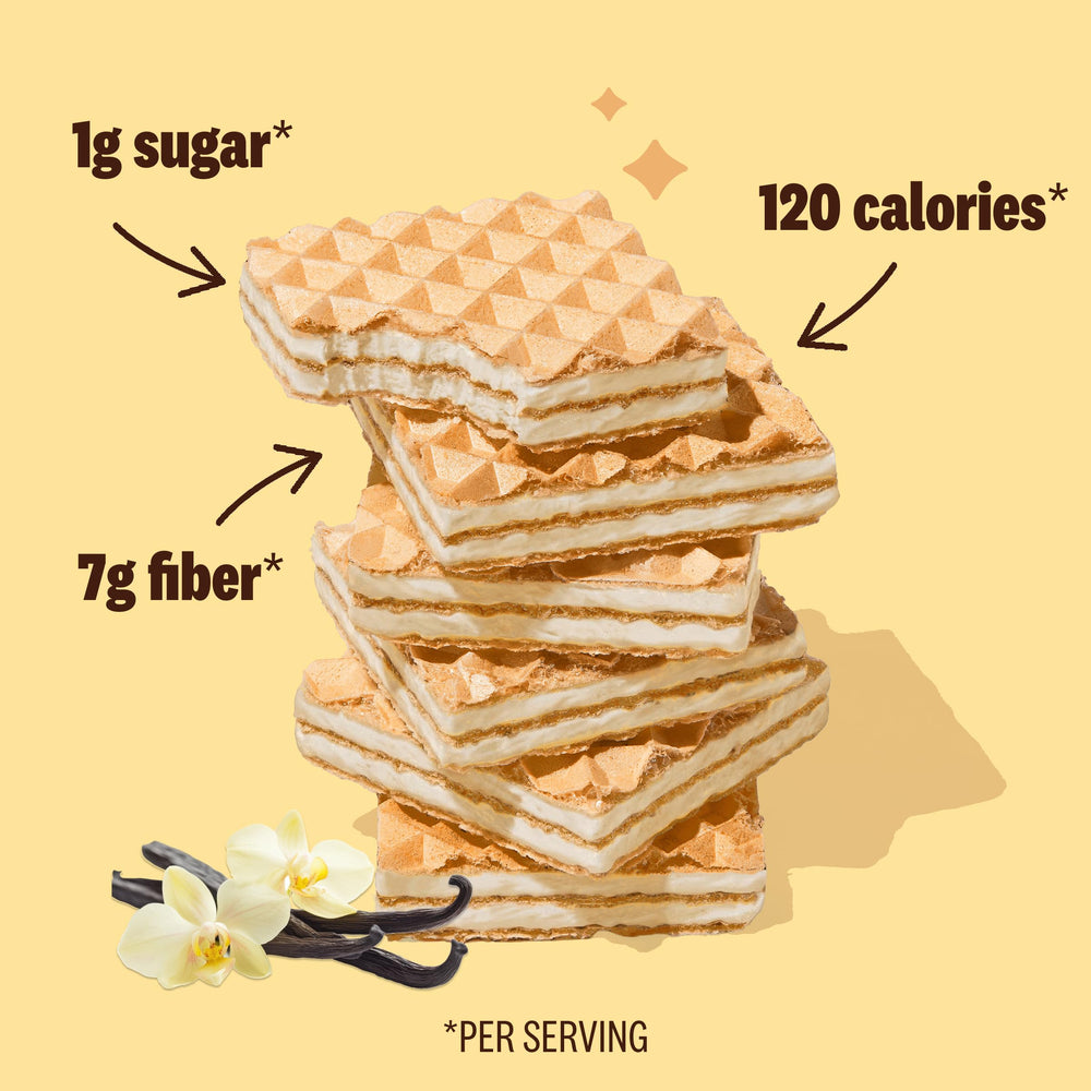 Rip Van Wafels wafer cross-section showing layers and fiber-rich texture benefit