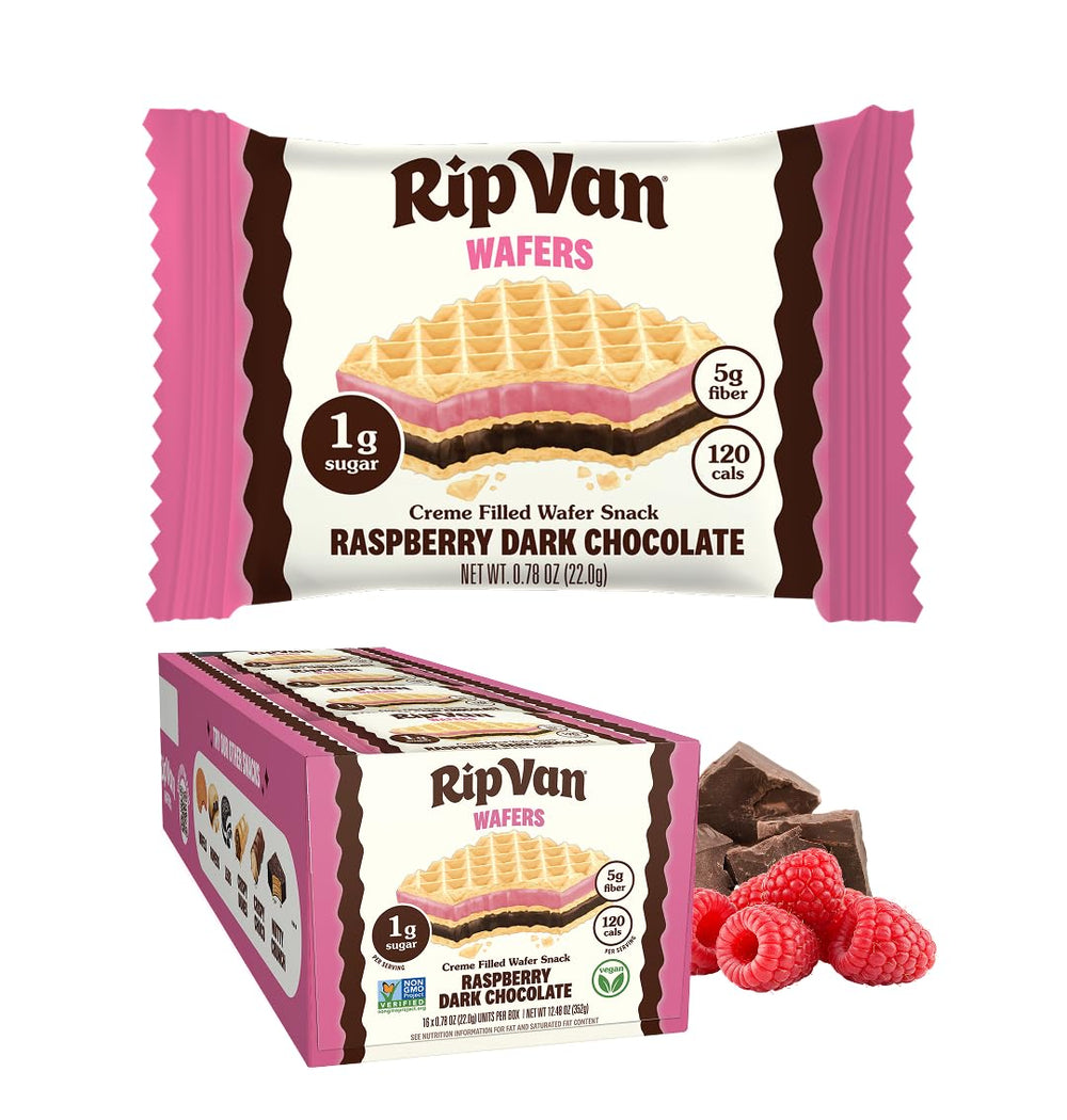 Rip Van Wafels front box showing product and benefits