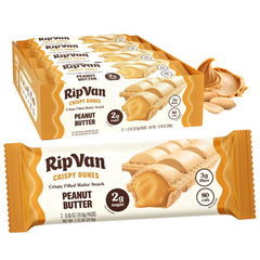 Rip Van Wafels front package showing Crispy Dunes peanut butter sticks and benefits