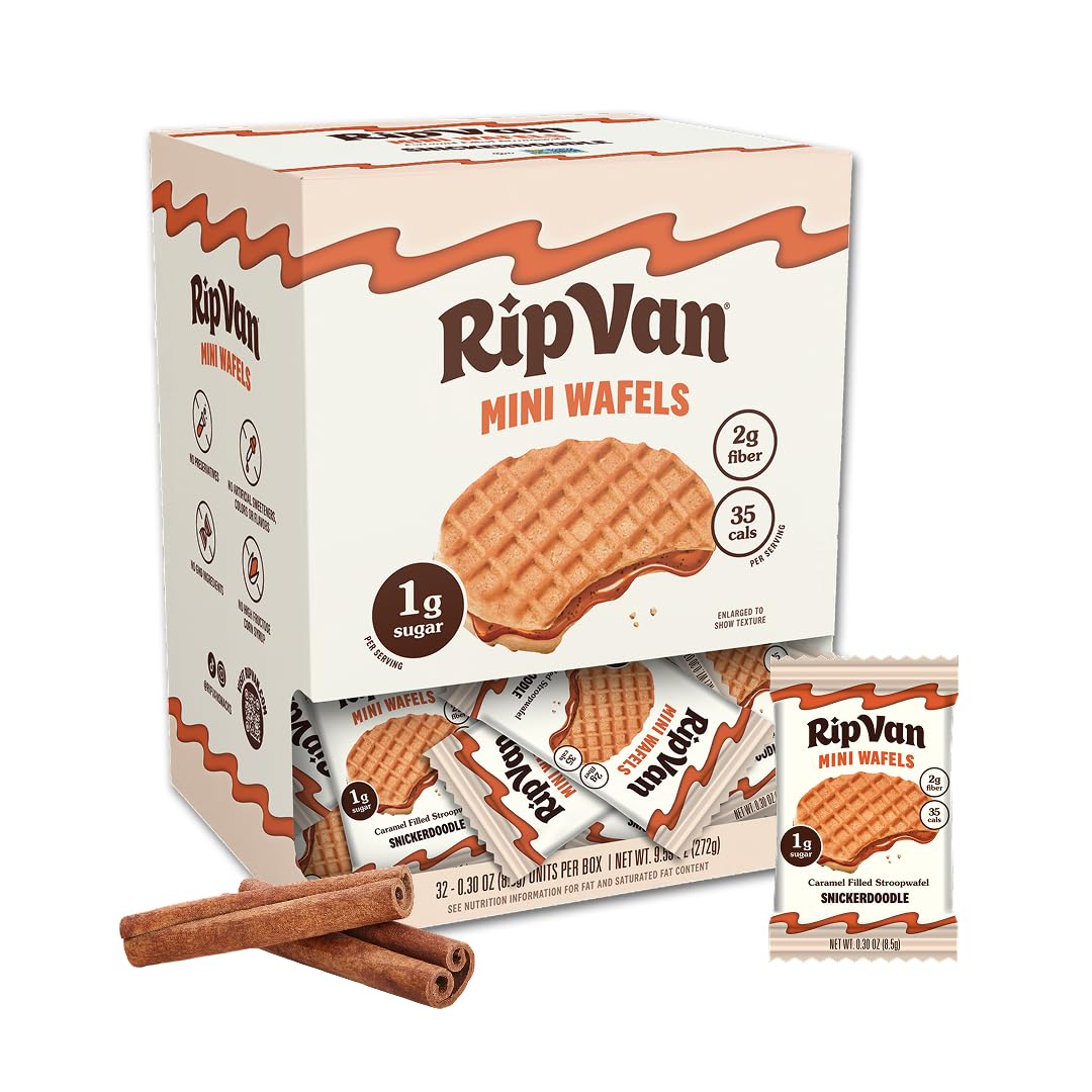 Rip Van Wafels front packaging showing Snickerdoodle minis and 32-pack convenience