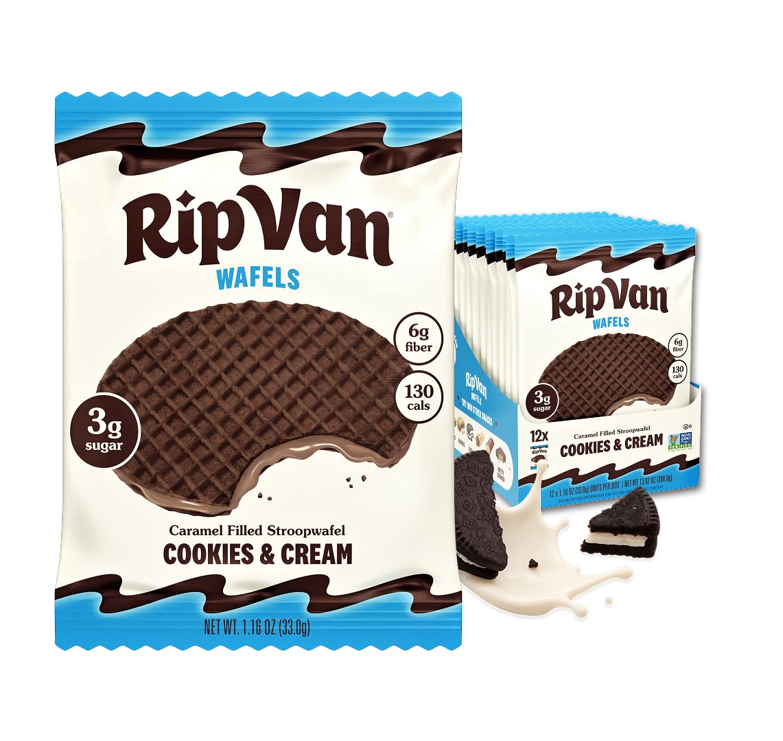Rip Van Wafels front packaging showing box and branding, highlights portable snack benefit
