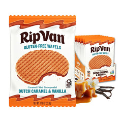 Rip Van Wafels front packaging showing gluten-free low sugar benefits