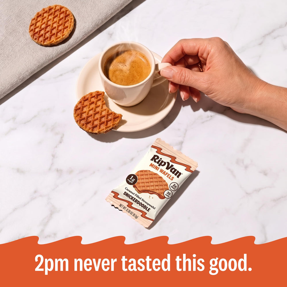 Rip Van Wafels size comparison next to a coin demonstrating portion-controlled snack