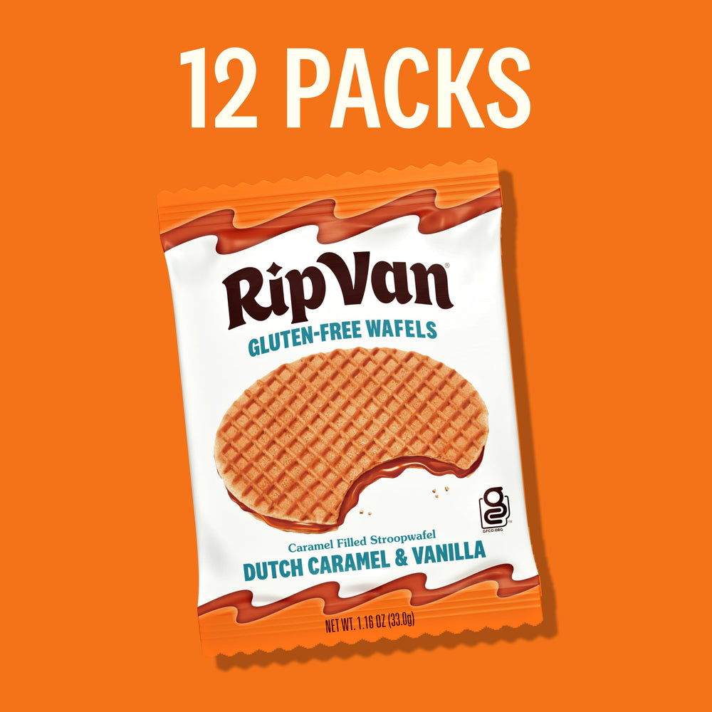 Rip Van Wafels next to a hand to show compact portion size