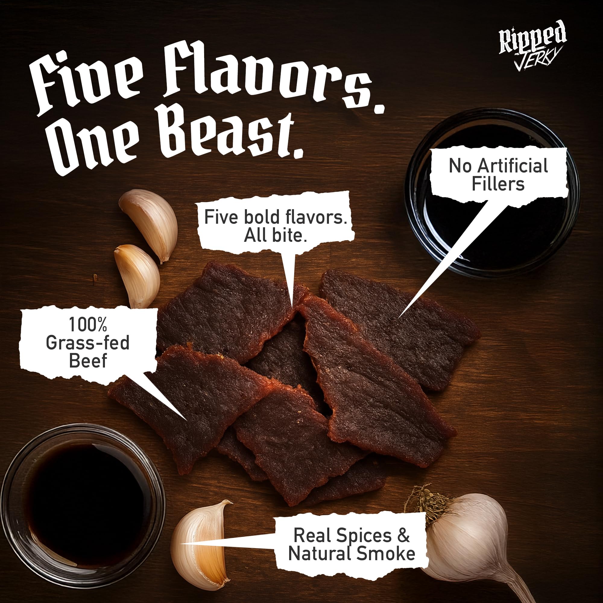RIPPED JERKY assortment laid flat showing different flavors and seasonings