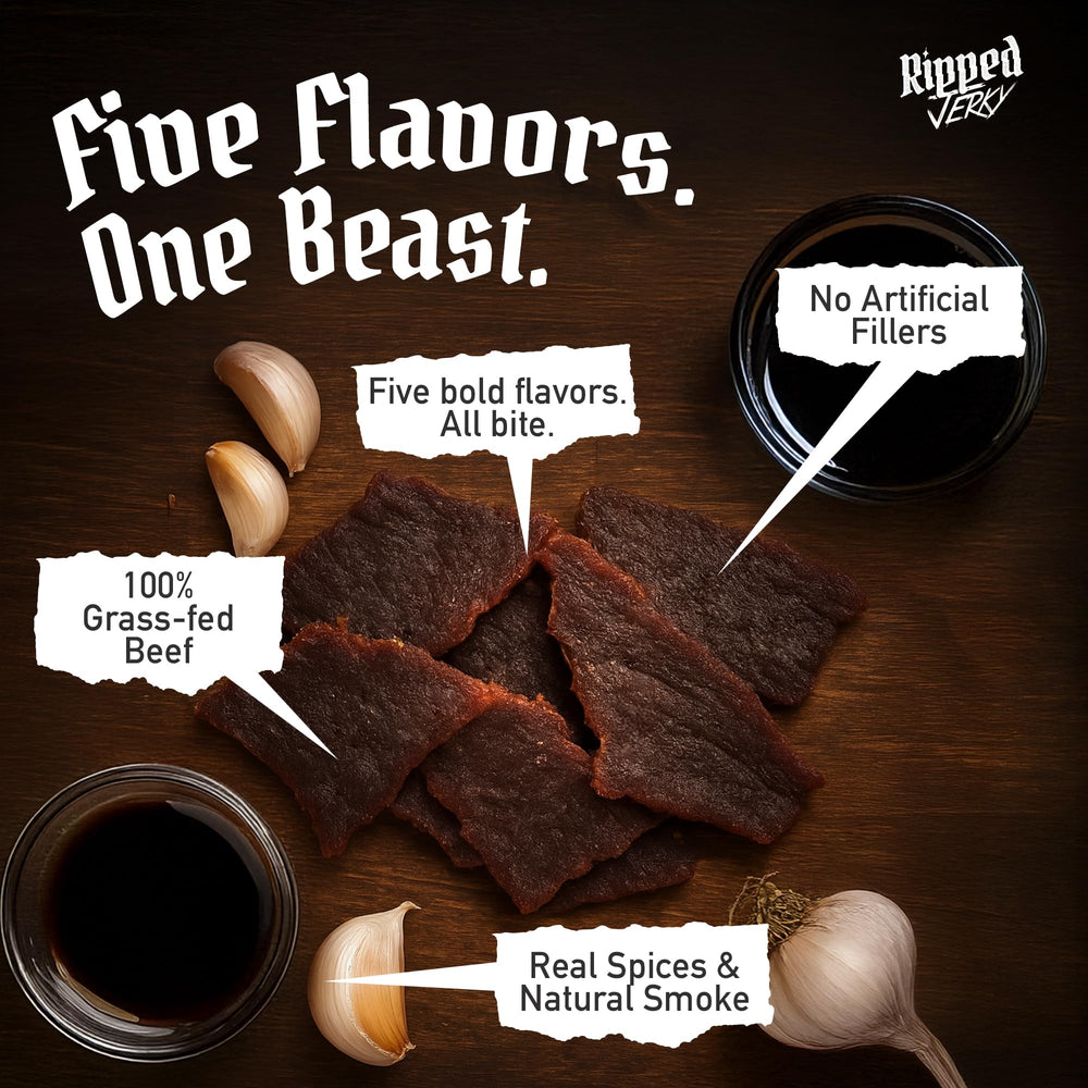RIPPED JERKY assortment laid flat showing different flavors and seasonings