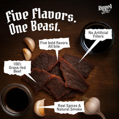 RIPPED JERKY assortment laid flat showing different flavors and seasonings