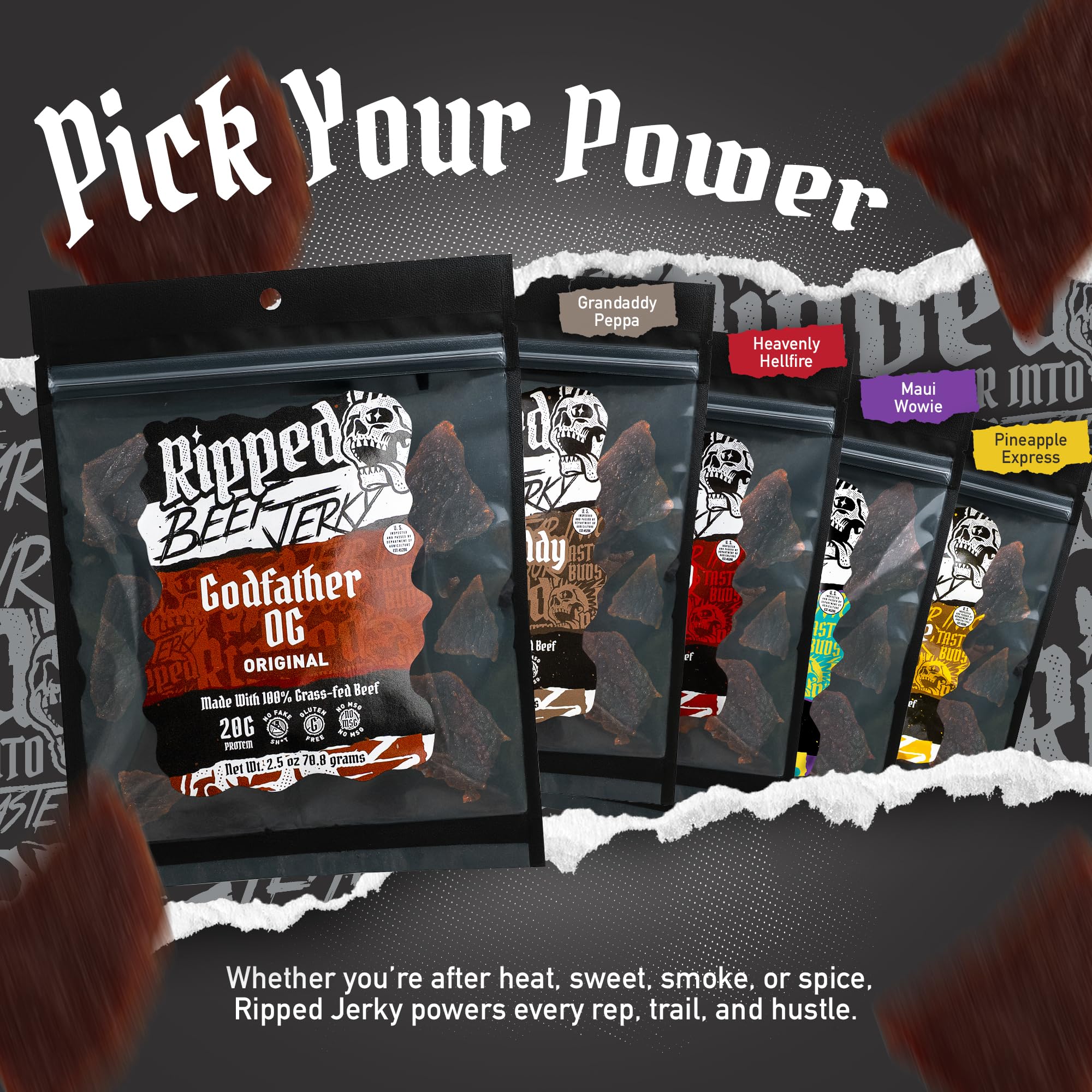 RIPPED JERKY held in hand demonstrating 2.5 oz pouch scale and portion size