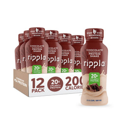 Ripple front packaging showing 12 fl oz chocolate shake and benefits
