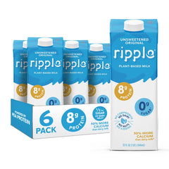 Ripple front packaging 32oz carton showing product benefits and unsweetened label