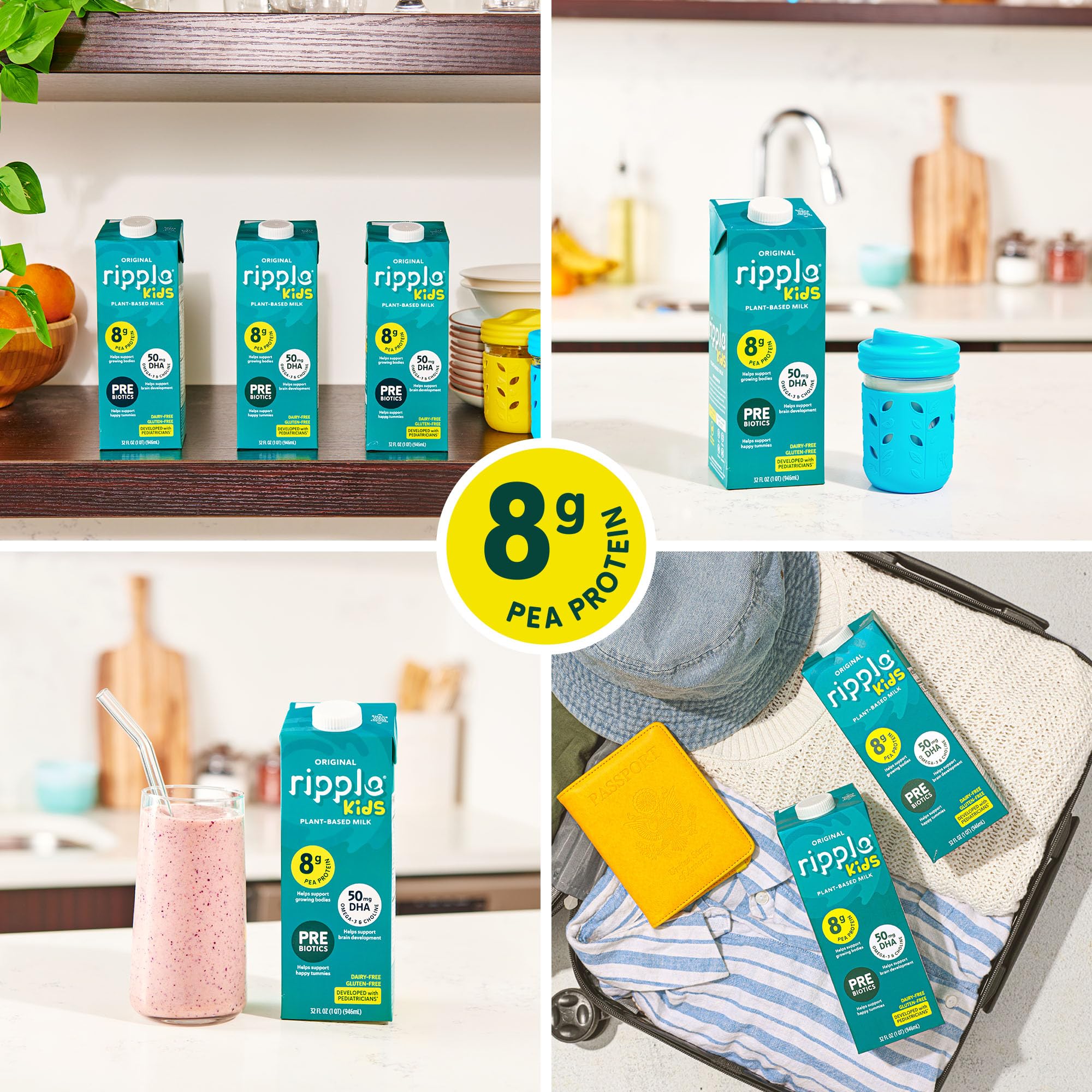 Ripple in kitchen breakfast scene showing family use, shelf-stable convenience benefit