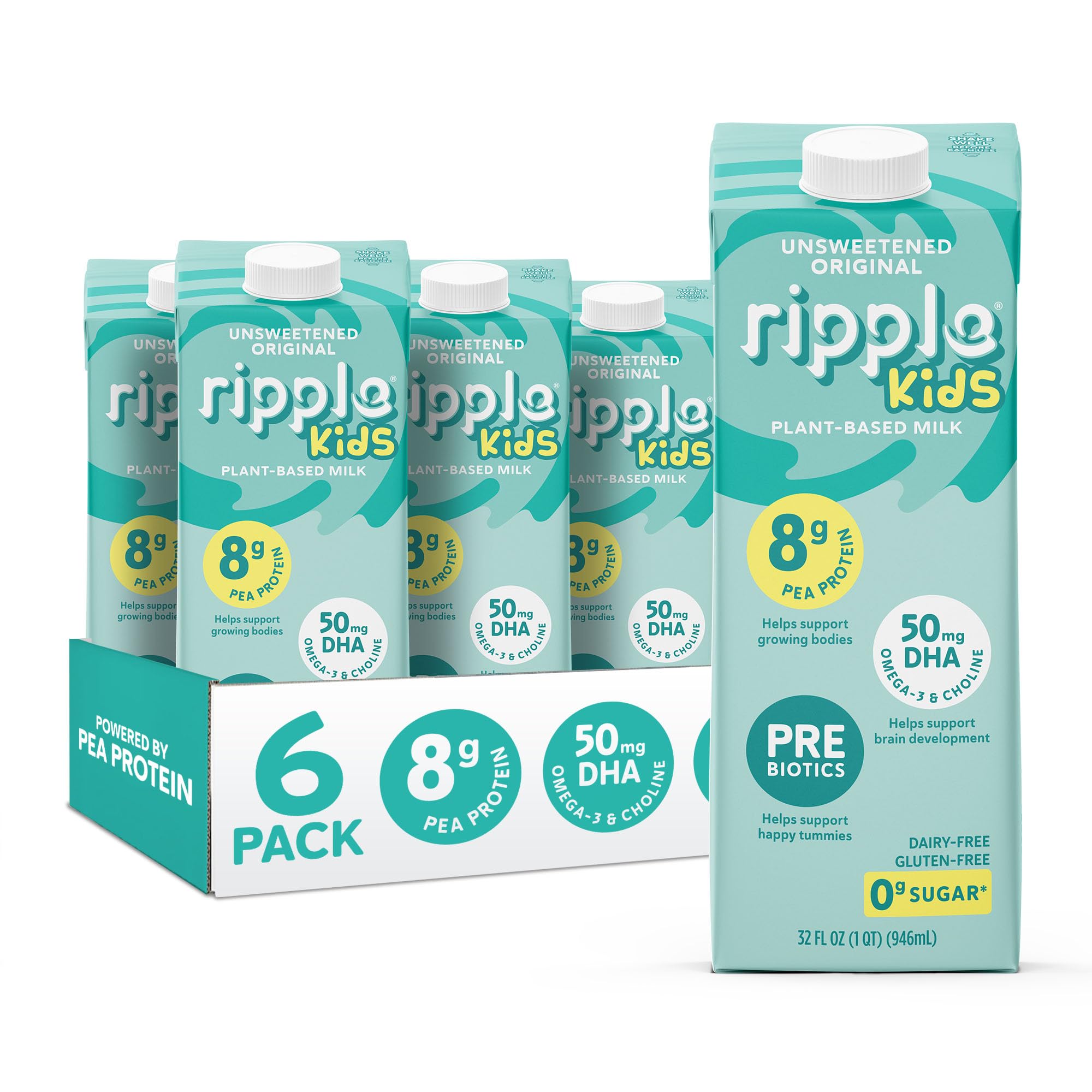 Ripple front carton view showing kid-friendly design and shelf-stable benefit