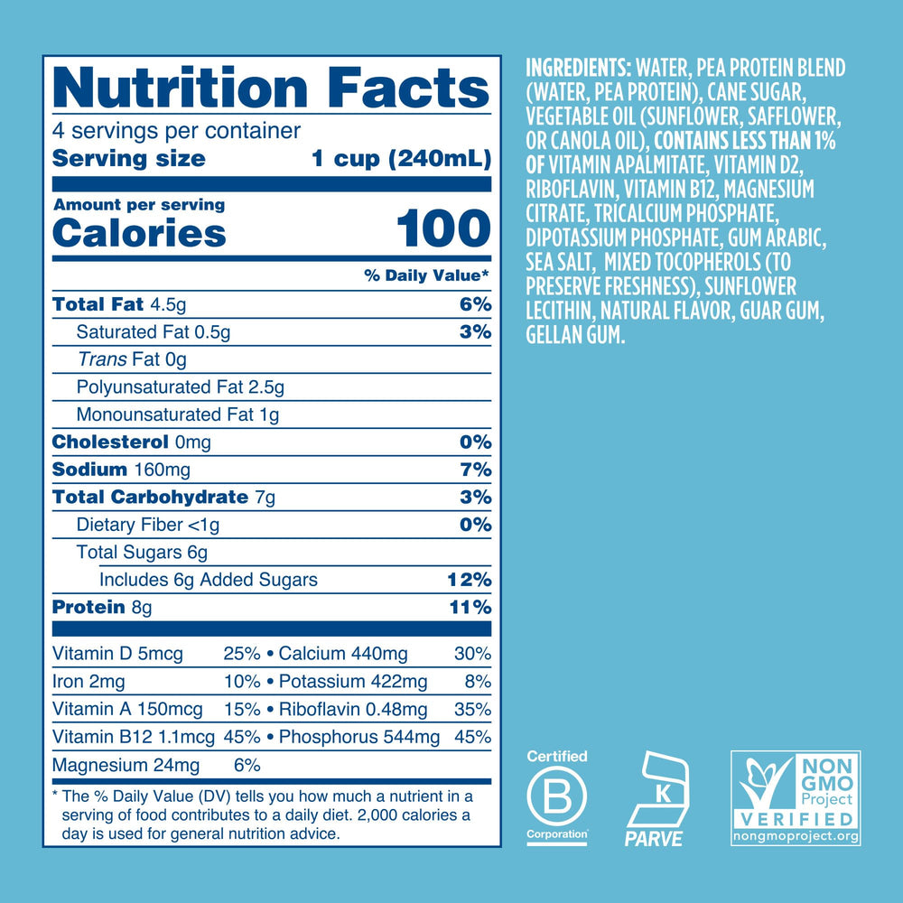 Ripple nutrition label close-up showing 8g protein and calcium content